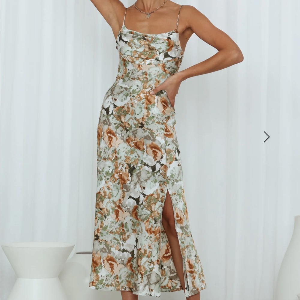 Hello Molly Green & Tan Floral Cowl Midi Slip Dress